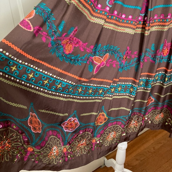 Lynne Ritchie Brown Pleated Silk Midi Skirt Beads Sequins  SZ XL - Picture 2 of 9